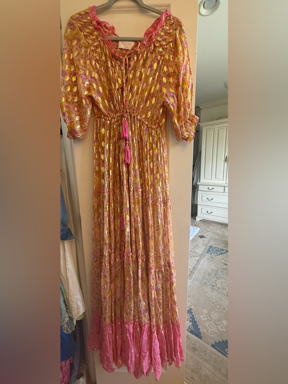 Miss June Paris Bohemian Pink and Gold Maxi Dress with Tassel Waist